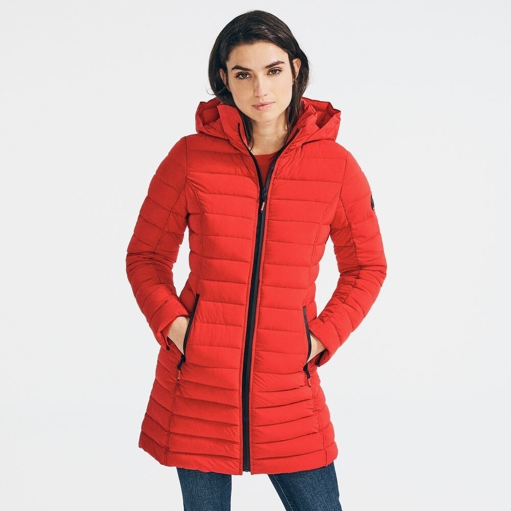 Nautica Womens Puffer Coat Red Sz S Hooded Stretch Water Resistant Zip Pockets